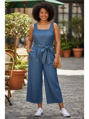 Lane Bryant Women’s Wide-Leg Chambray Jumpsuit Sleeveless Pockets Blue size 20